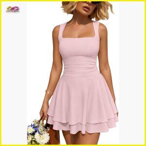 Square Neck Ruffle Hem Ruched Waist Mini Dress Summer Party Flowy Chic